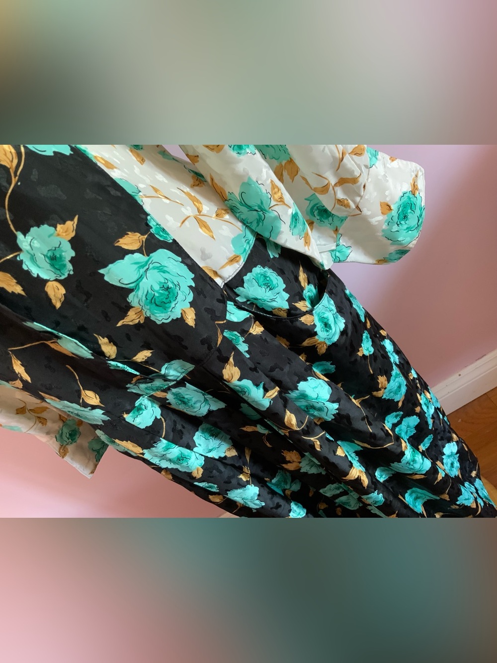 Vintage 80s Floral Long Sleeve Dress in Teal & Black - Picture 3 of 8